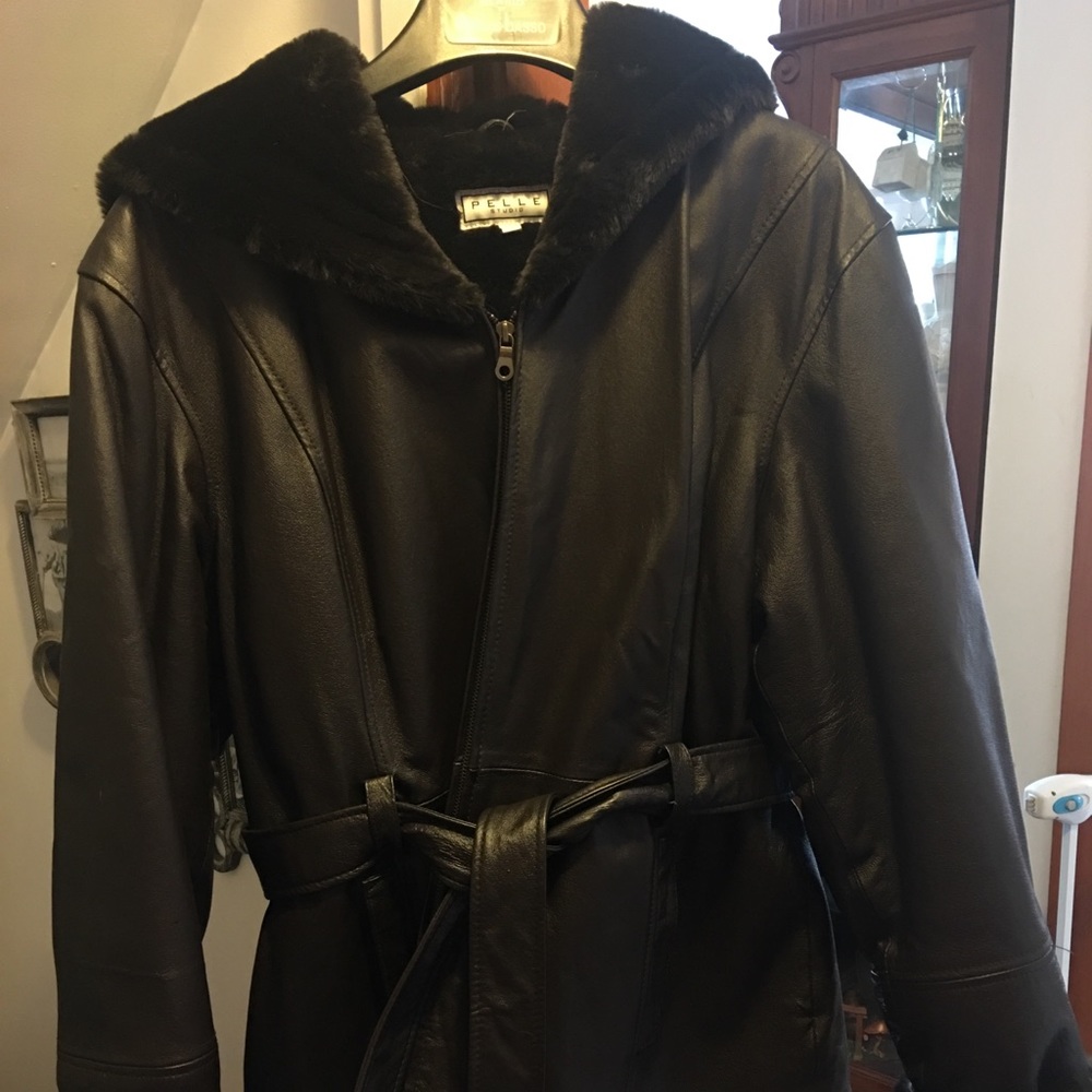 Pelle leather hip length tie coat dark brown xl